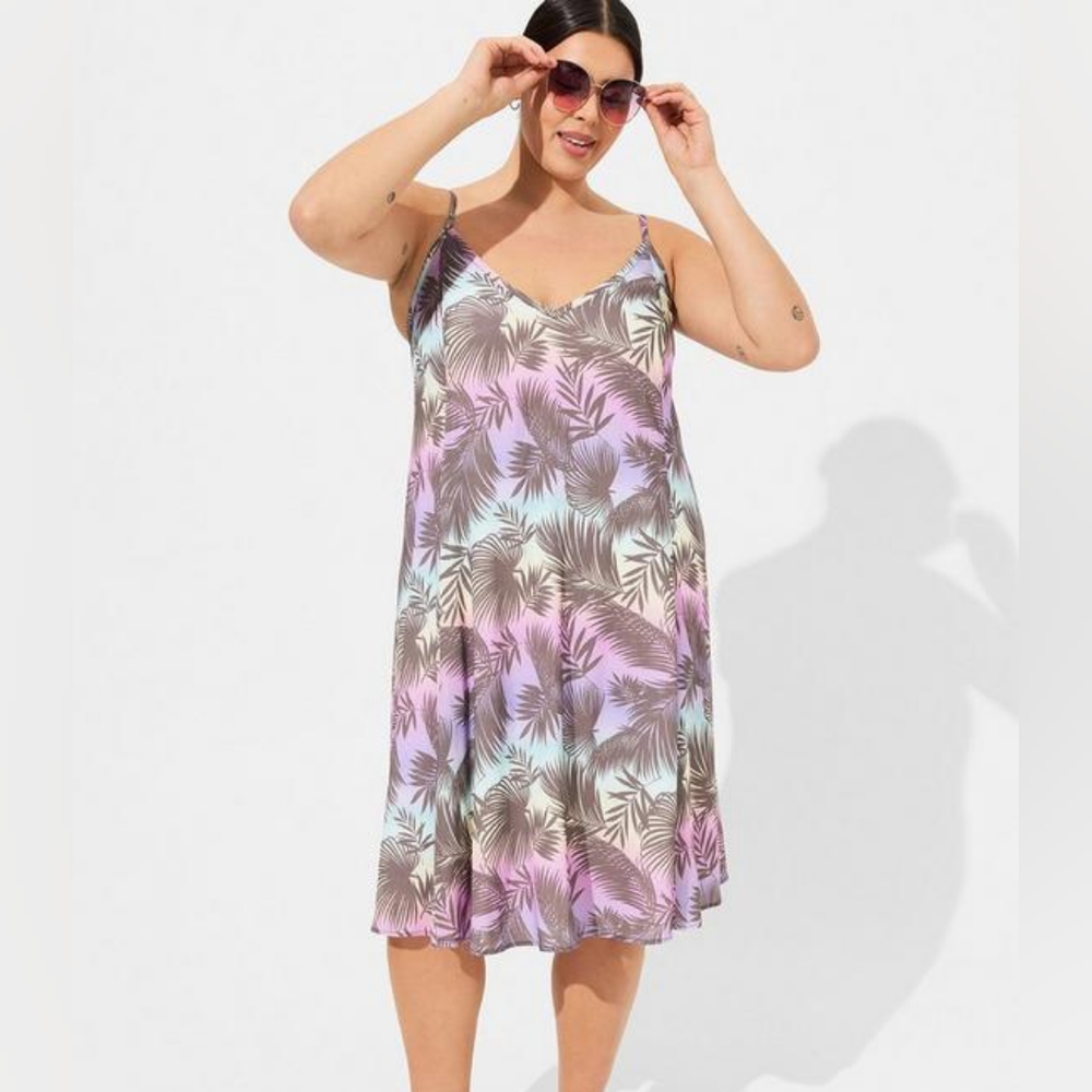 Torrid Midi Rayon Slub V Neck Cami Beach Dress - Gradient Shadow Leaves